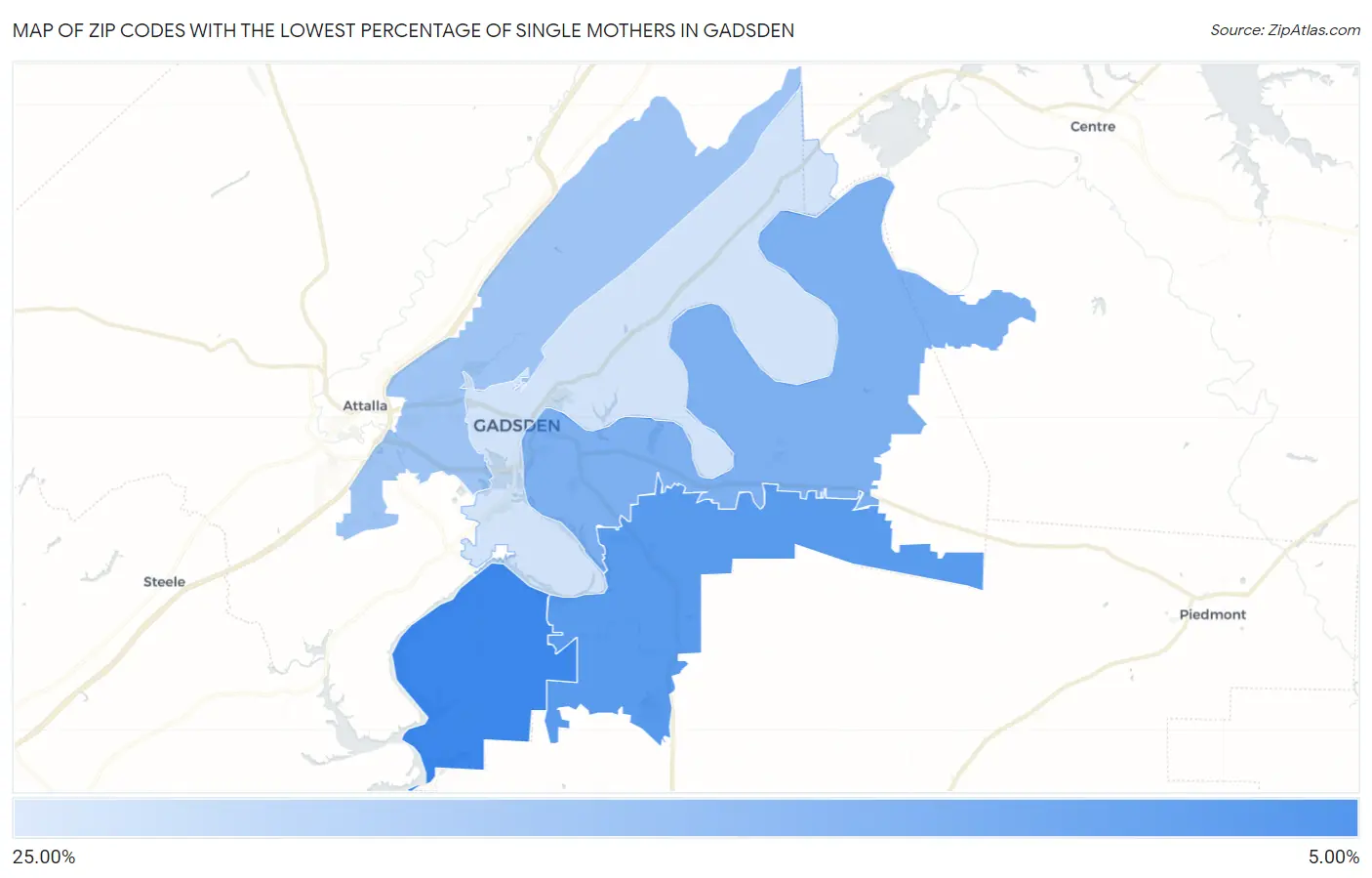 Zip Codes with the Lowest Percentage of Single Mothers in Gadsden Map