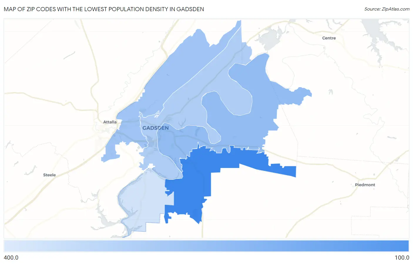 Zip Codes with the Lowest Population Density in Gadsden Map