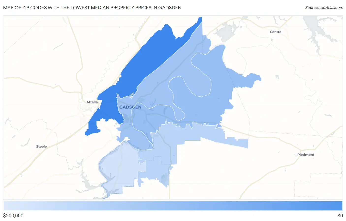Zip Codes with the Lowest Median Property Prices in Gadsden Map