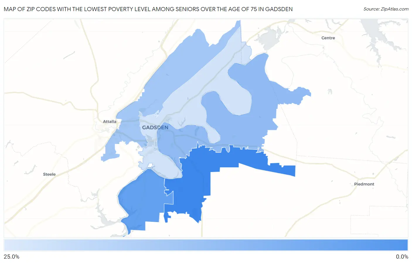 Zip Codes with the Lowest Poverty Level Among Seniors Over the Age of 75 in Gadsden Map
