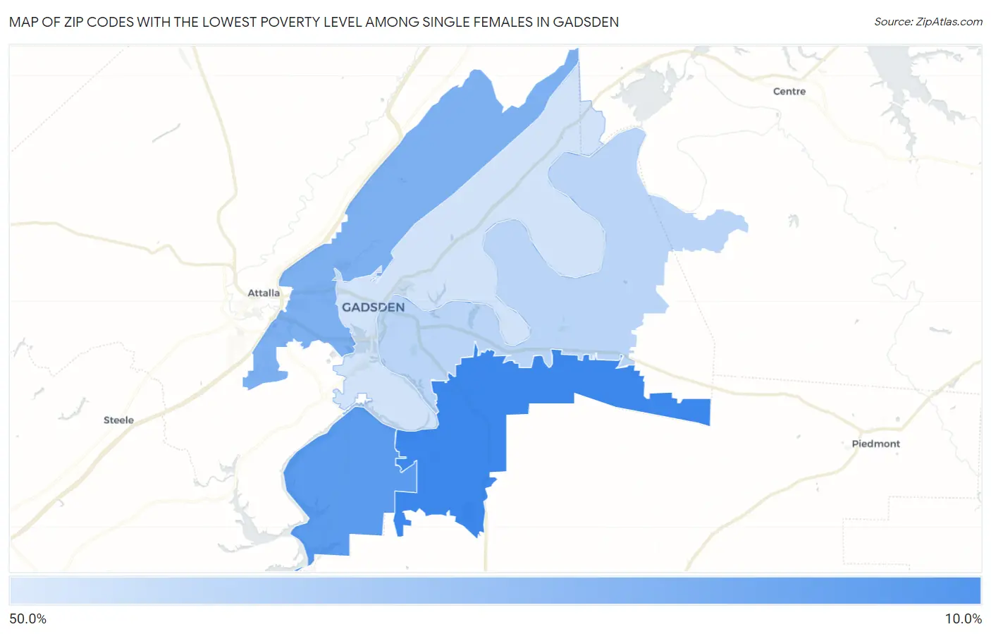 Zip Codes with the Lowest Poverty Level Among Single Females in Gadsden Map