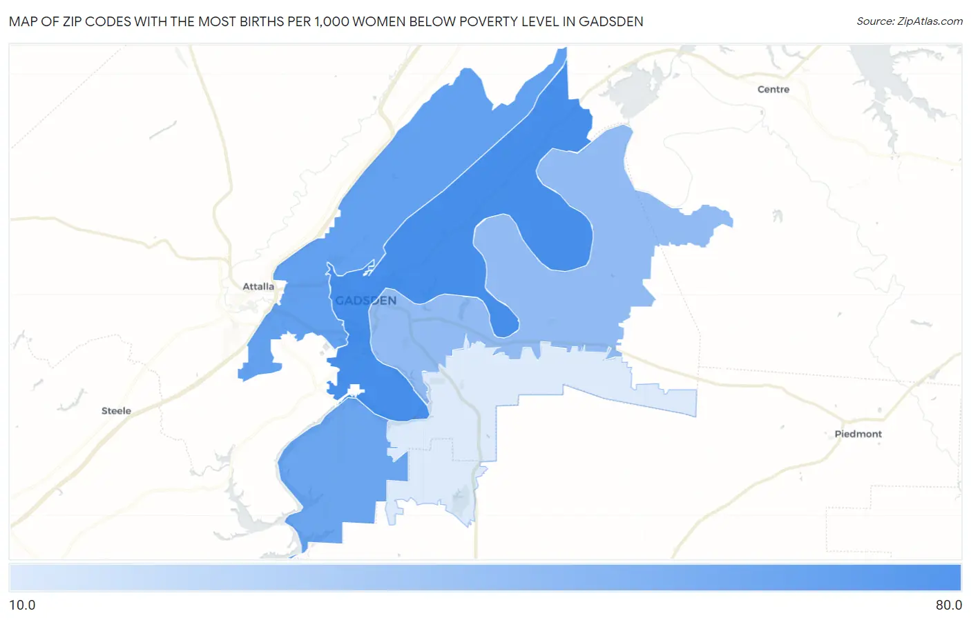 Zip Codes with the Most Births per 1,000 Women Below Poverty Level in Gadsden Map