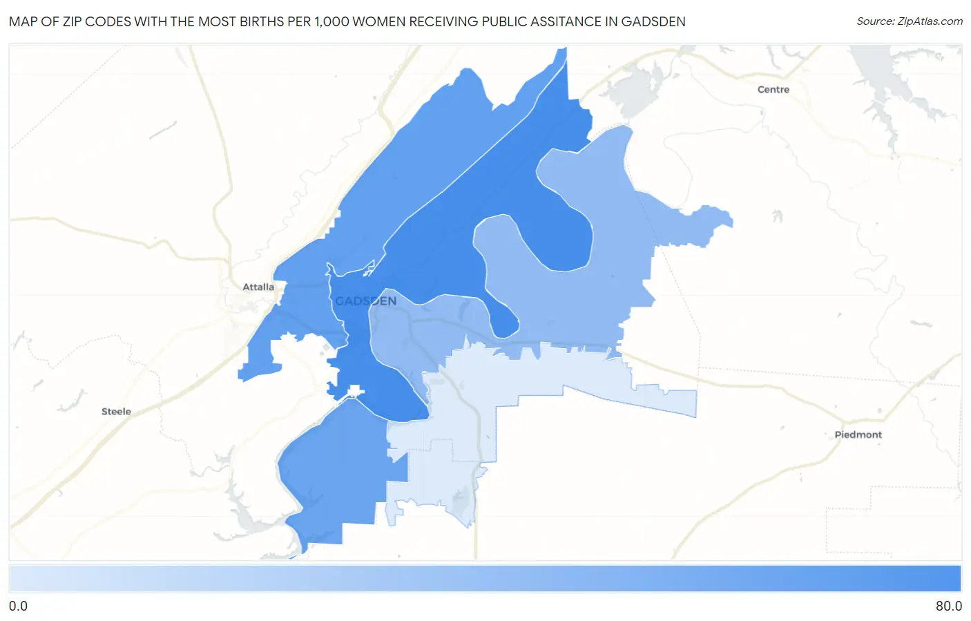 Zip Codes with the Most Births per 1,000 Women Receiving Public Assitance in Gadsden Map