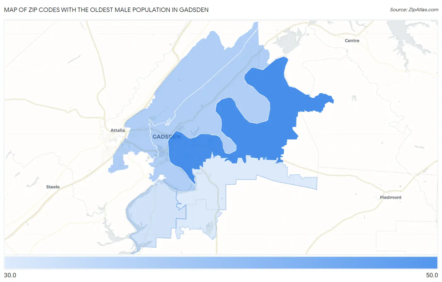 Zip Codes with the Oldest Male Population in Gadsden Map
