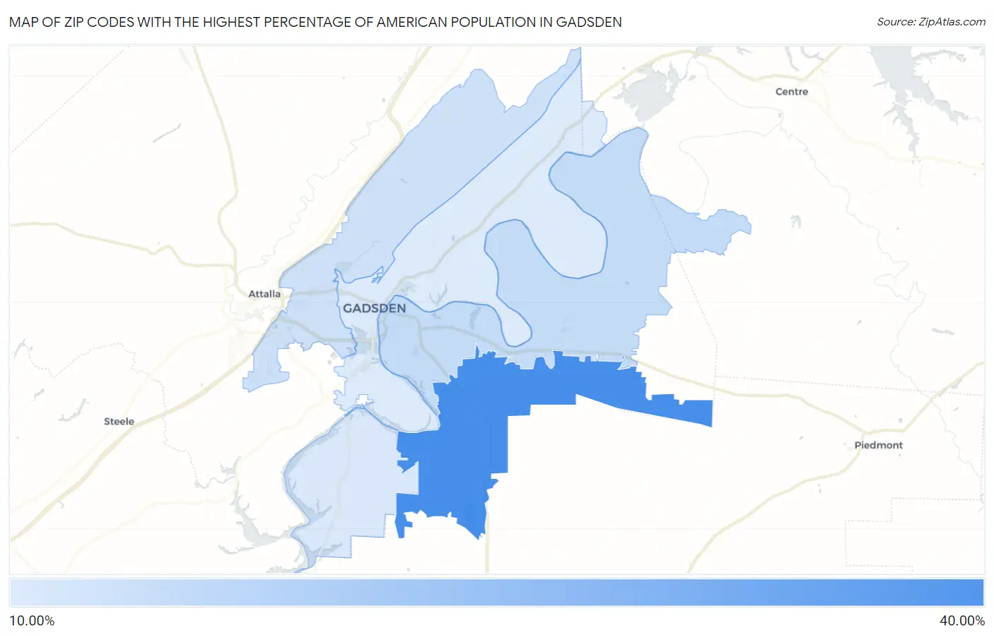 Zip Codes with the Highest Percentage of American Population in Gadsden Map