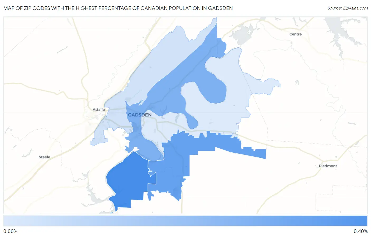 Zip Codes with the Highest Percentage of Canadian Population in Gadsden Map