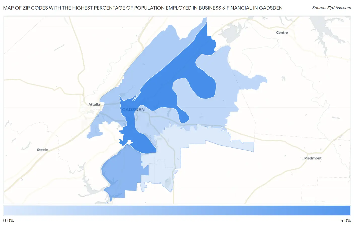 Zip Codes with the Highest Percentage of Population Employed in Business & Financial in Gadsden Map