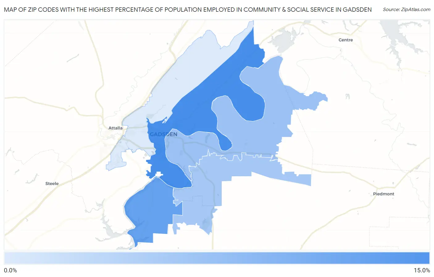 Zip Codes with the Highest Percentage of Population Employed in Community & Social Service  in Gadsden Map