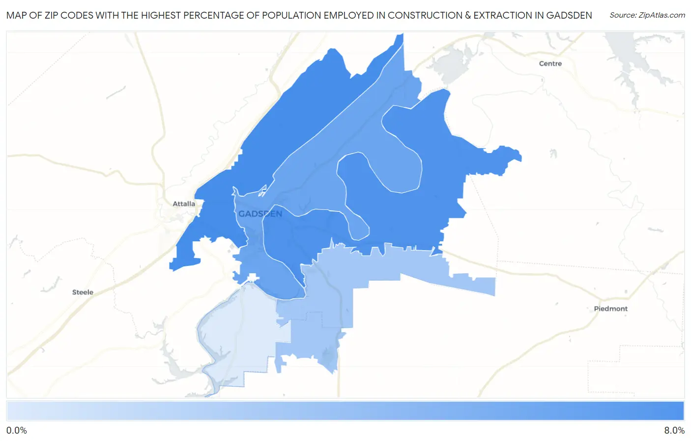 Zip Codes with the Highest Percentage of Population Employed in Construction & Extraction in Gadsden Map