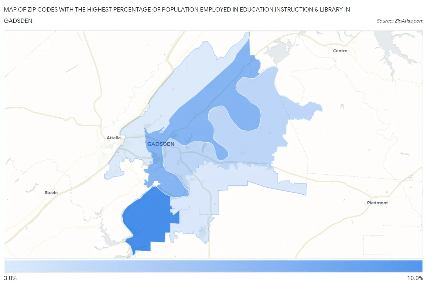 Zip Codes with the Highest Percentage of Population Employed in Education Instruction & Library in Gadsden Map