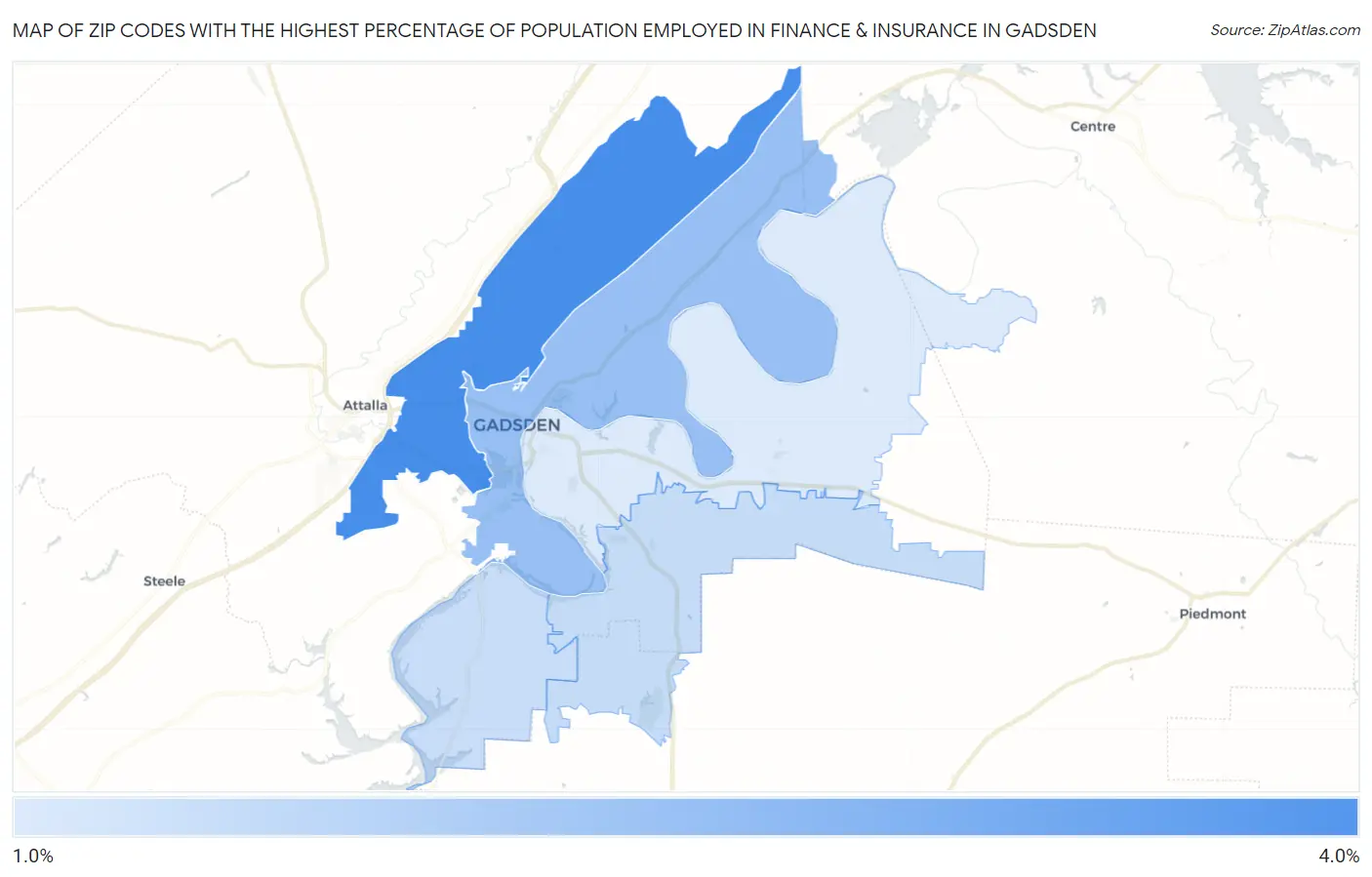 Zip Codes with the Highest Percentage of Population Employed in Finance & Insurance in Gadsden Map