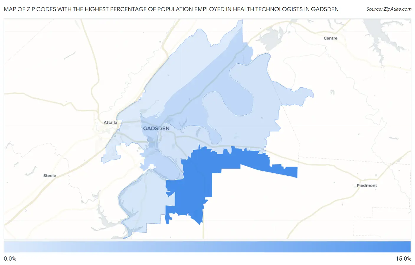 Zip Codes with the Highest Percentage of Population Employed in Health Technologists in Gadsden Map