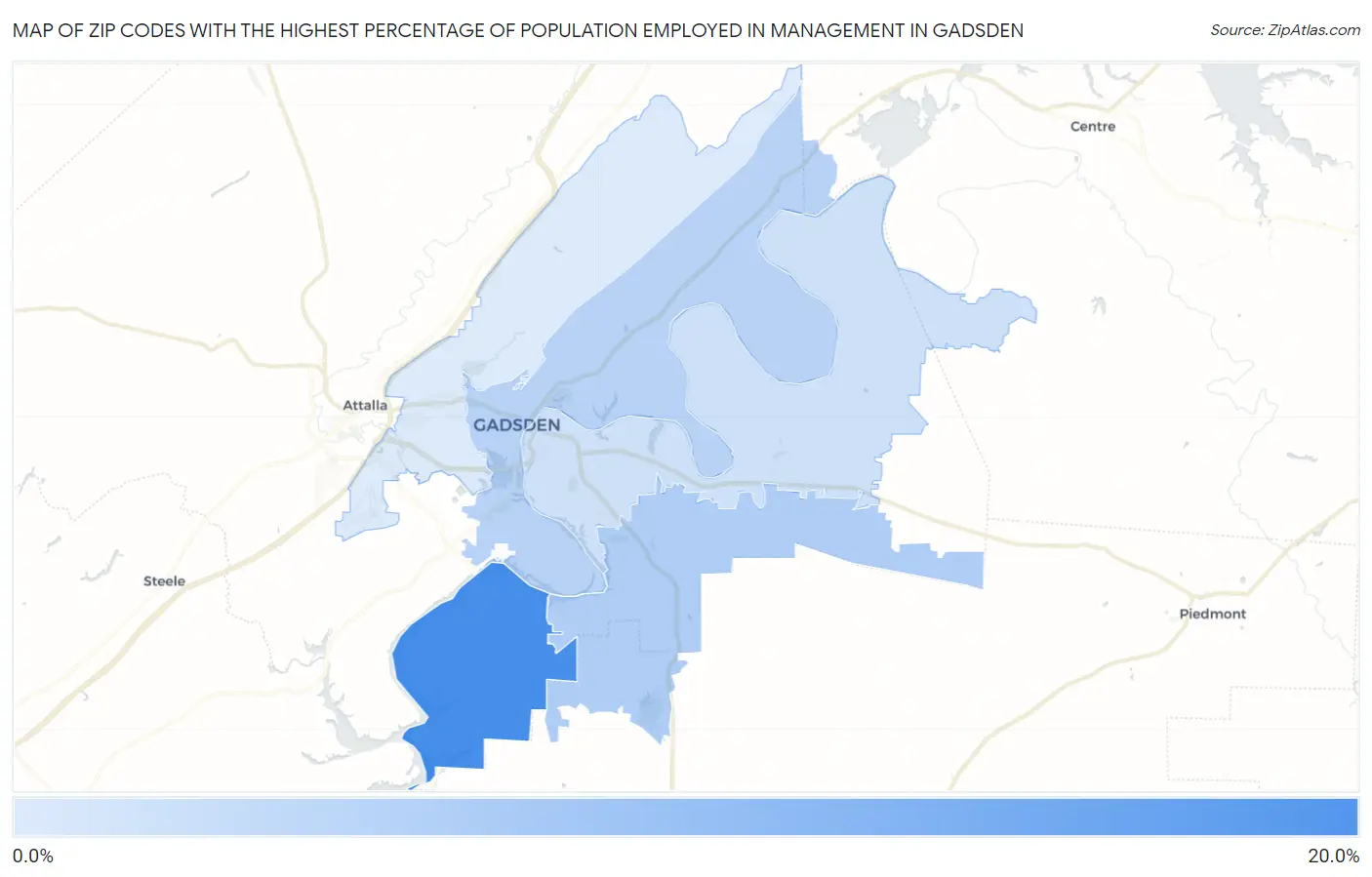 Zip Codes with the Highest Percentage of Population Employed in Management in Gadsden Map