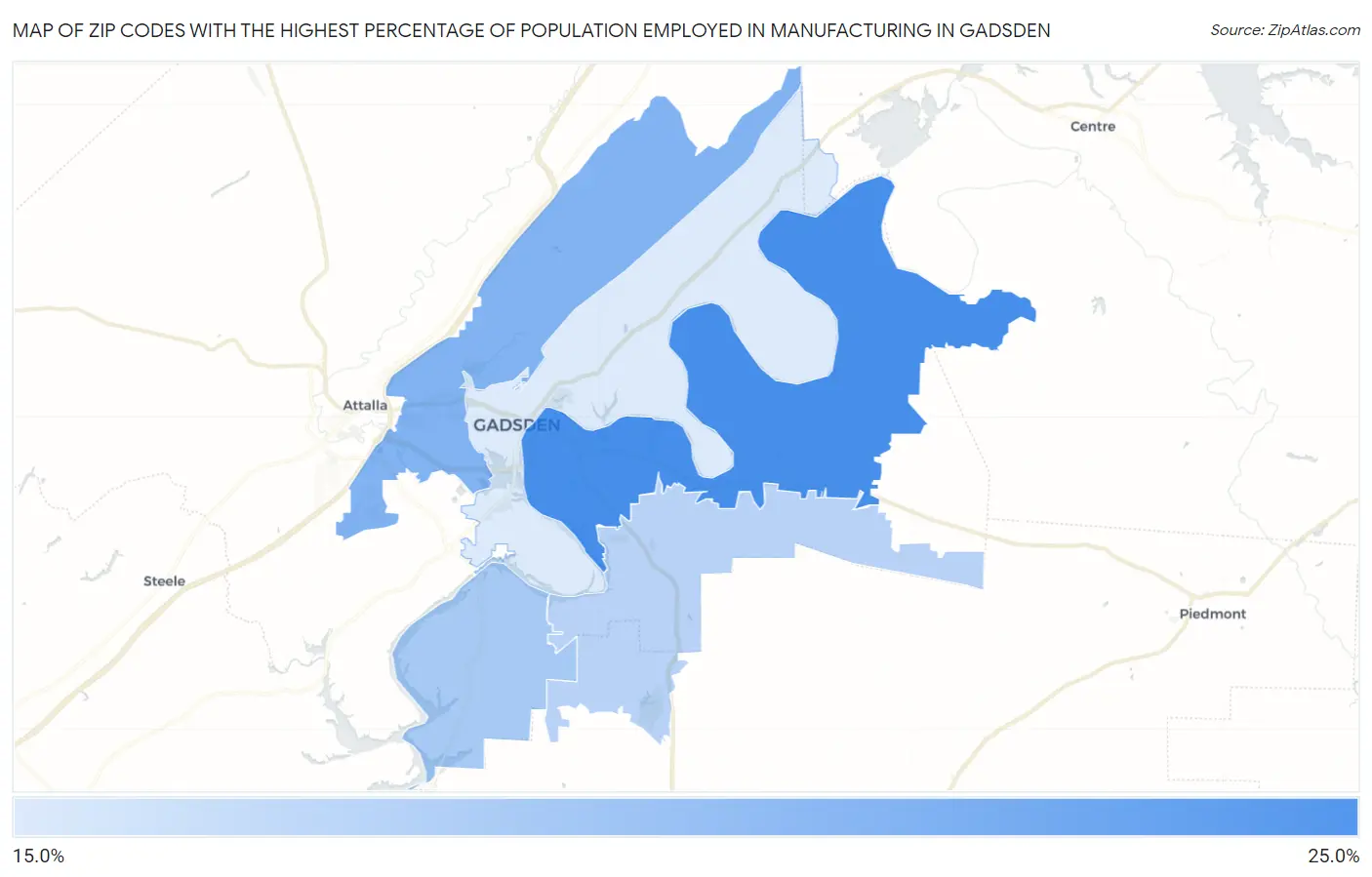 Zip Codes with the Highest Percentage of Population Employed in Manufacturing in Gadsden Map