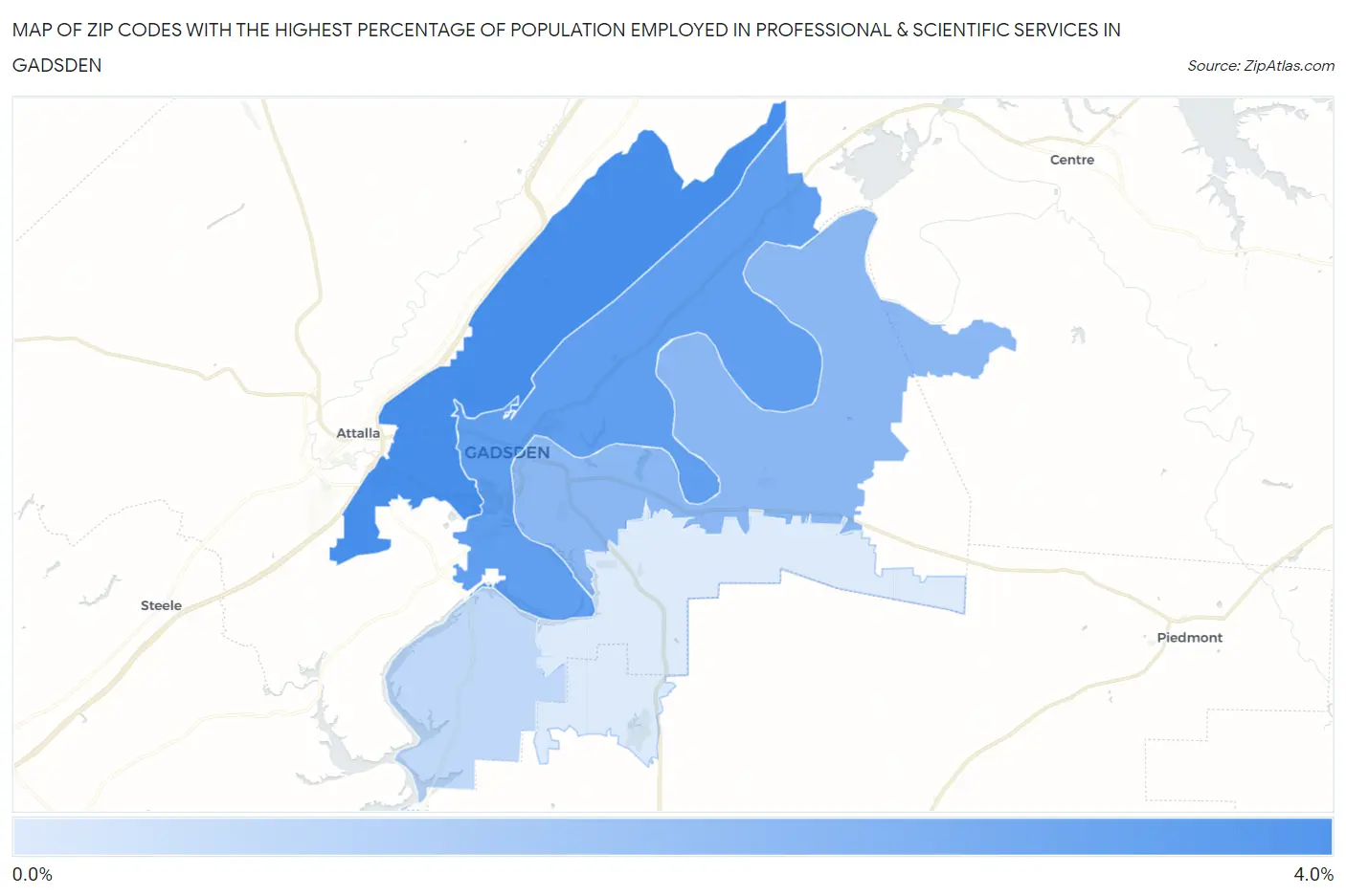 Zip Codes with the Highest Percentage of Population Employed in Professional & Scientific Services in Gadsden Map