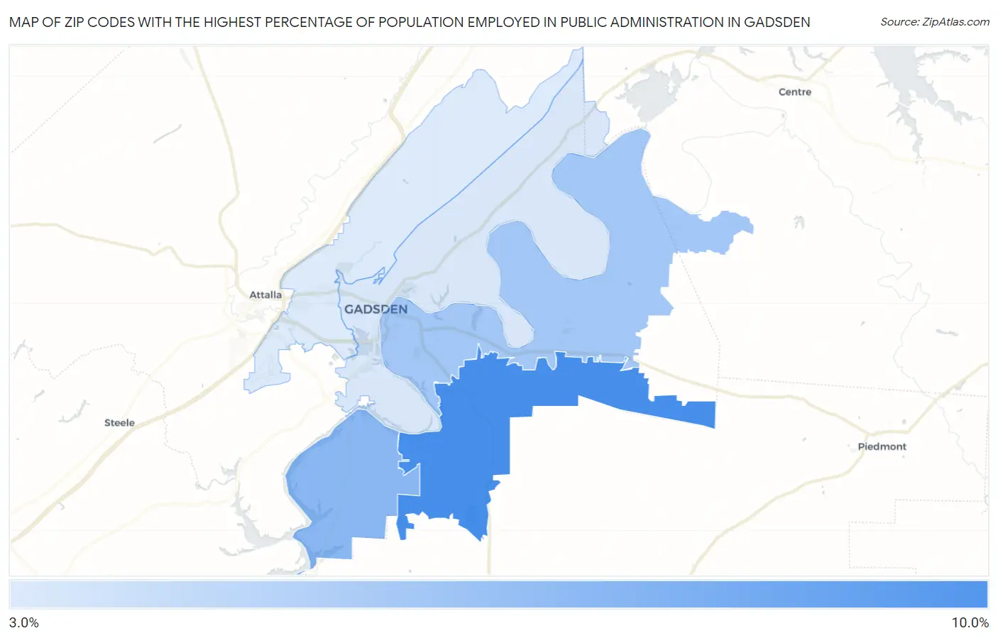 Zip Codes with the Highest Percentage of Population Employed in Public Administration in Gadsden Map