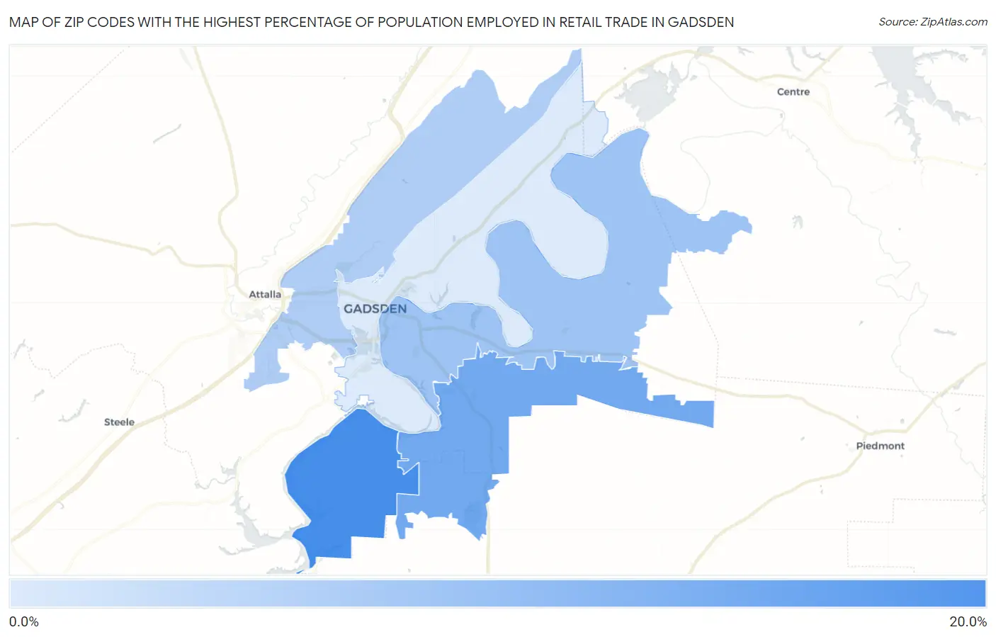 Zip Codes with the Highest Percentage of Population Employed in Retail Trade in Gadsden Map