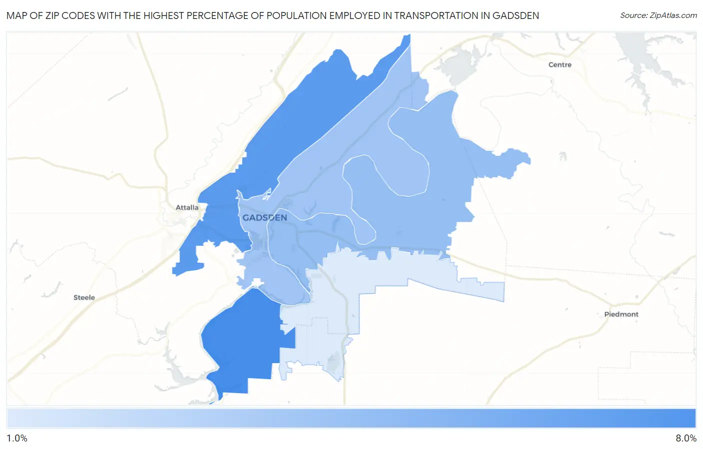 Zip Codes with the Highest Percentage of Population Employed in Transportation in Gadsden Map