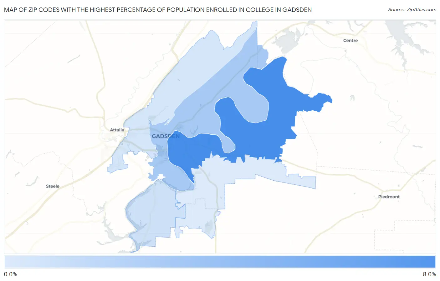 Zip Codes with the Highest Percentage of Population Enrolled in College in Gadsden Map