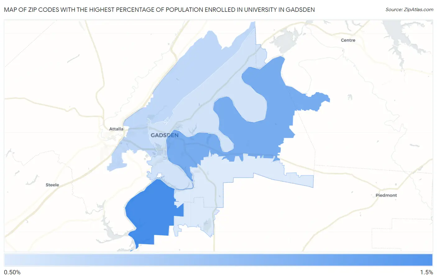 Zip Codes with the Highest Percentage of Population Enrolled in University in Gadsden Map