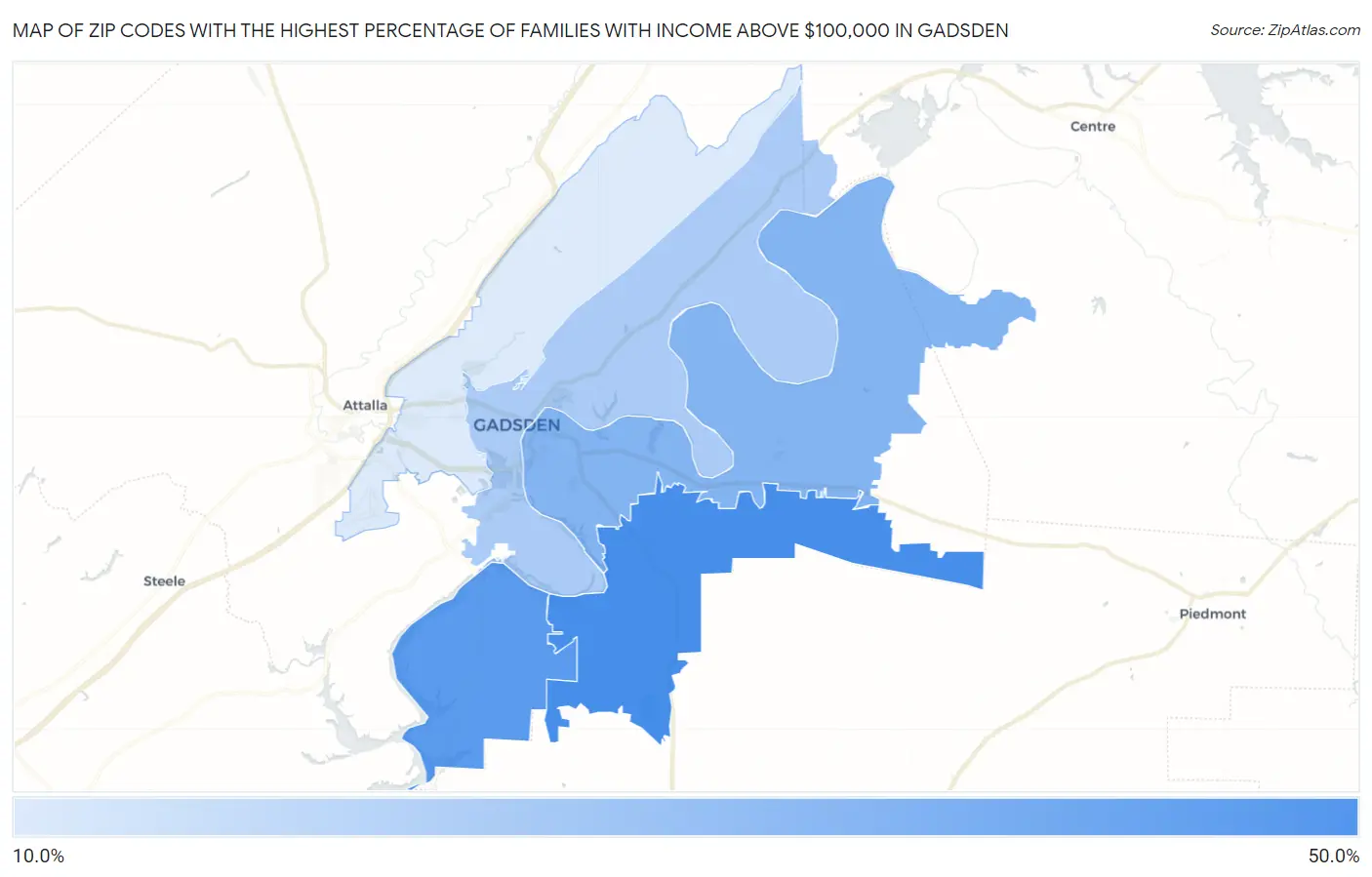 Zip Codes with the Highest Percentage of Families with Income Above $100,000 in Gadsden Map