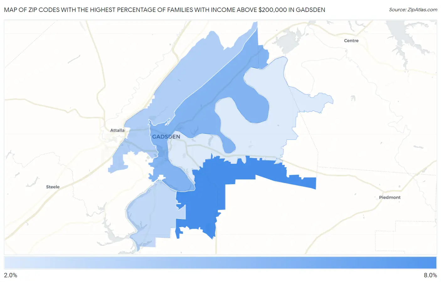 Zip Codes with the Highest Percentage of Families with Income Above $200,000 in Gadsden Map