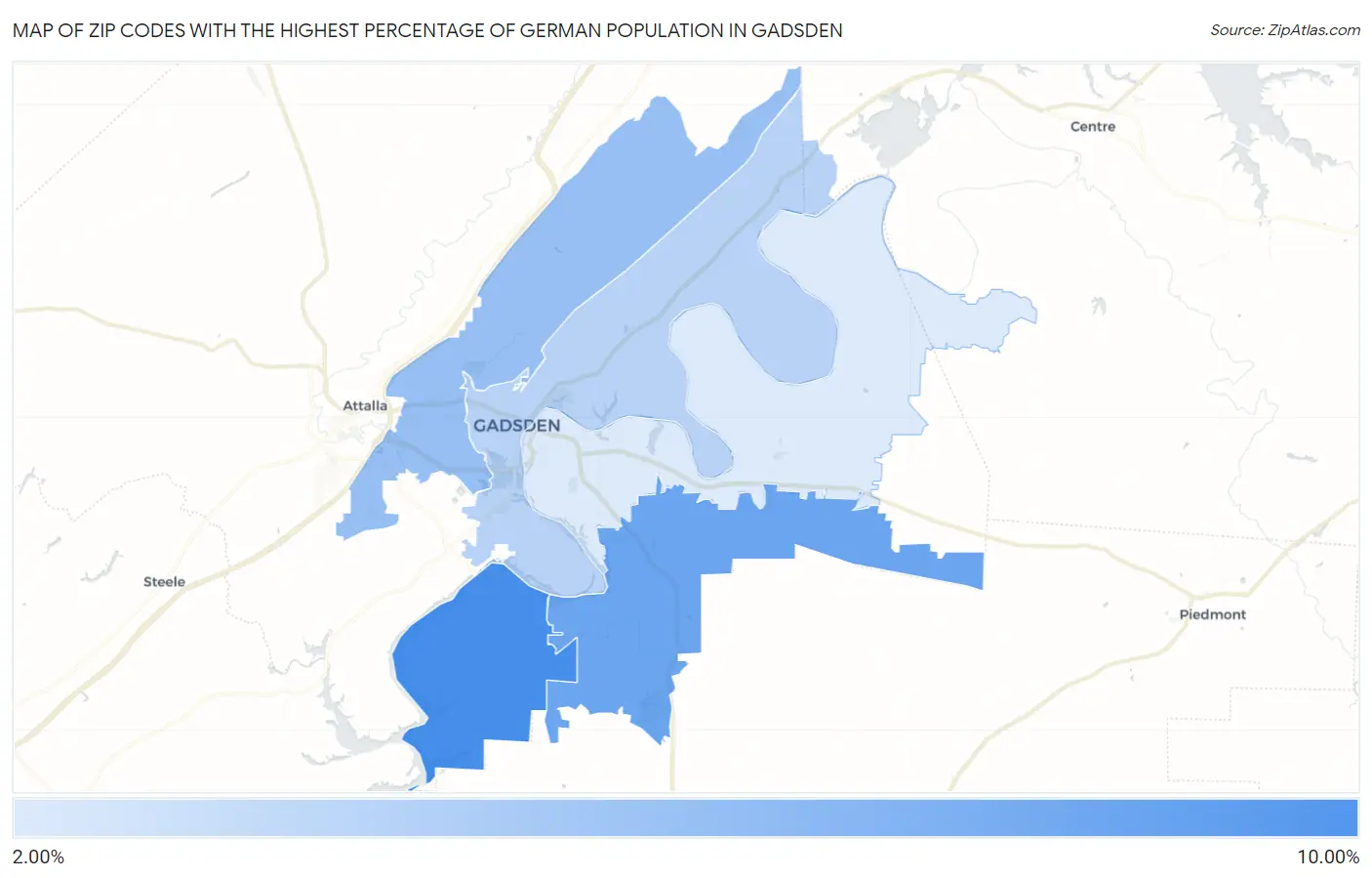 Zip Codes with the Highest Percentage of German Population in Gadsden Map