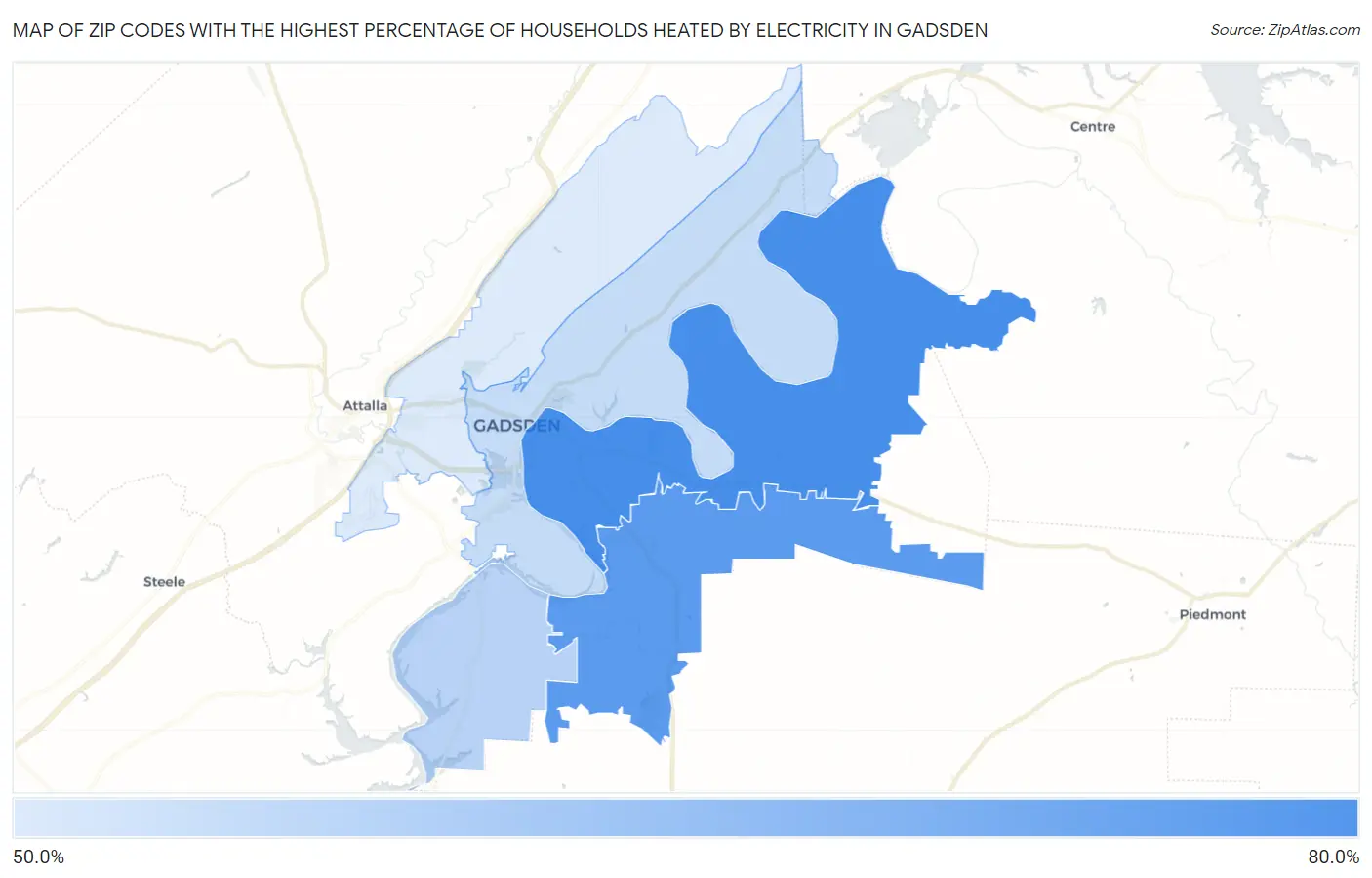 Zip Codes with the Highest Percentage of Households Heated by Electricity in Gadsden Map