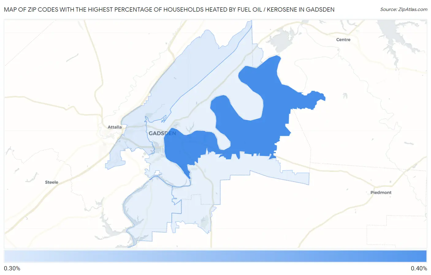 Zip Codes with the Highest Percentage of Households Heated by Fuel Oil / Kerosene in Gadsden Map