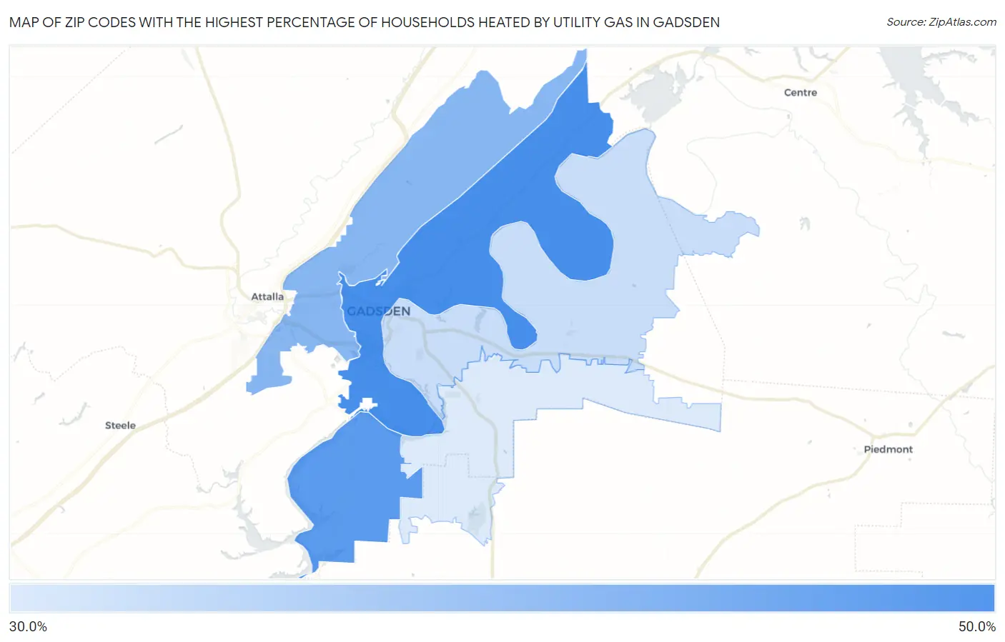 Zip Codes with the Highest Percentage of Households Heated by Utility Gas in Gadsden Map