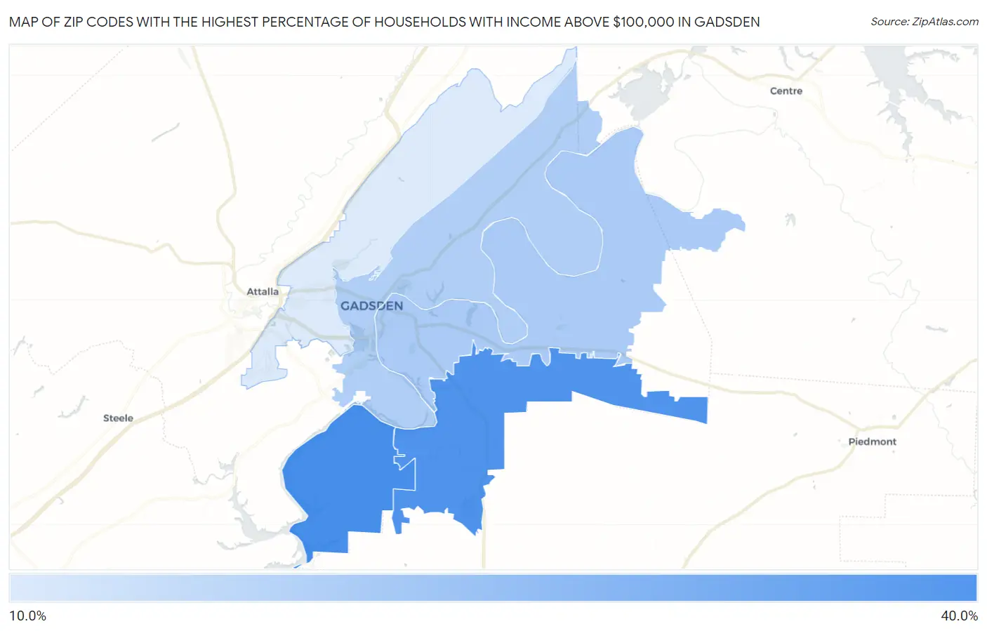 Zip Codes with the Highest Percentage of Households with Income Above $100,000 in Gadsden Map