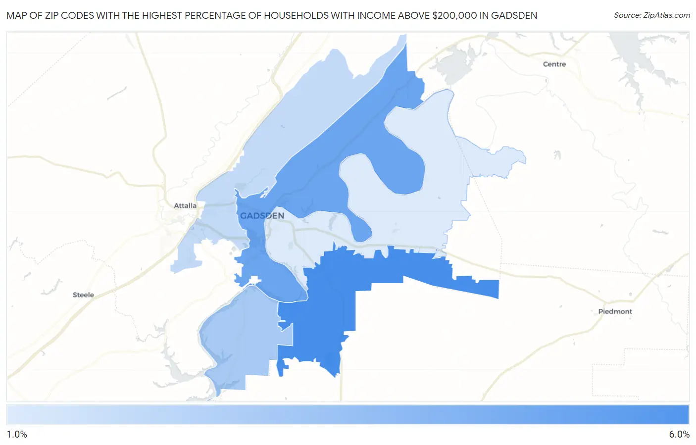 Zip Codes with the Highest Percentage of Households with Income Above $200,000 in Gadsden Map