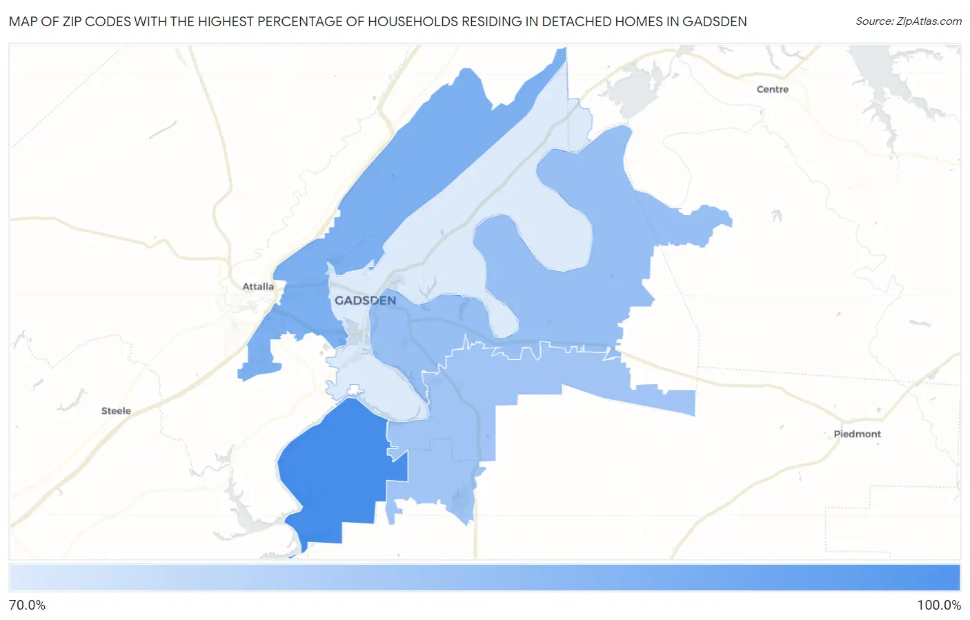 Zip Codes with the Highest Percentage of Households Residing in Detached Homes in Gadsden Map