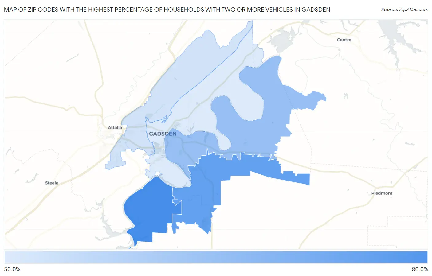 Zip Codes with the Highest Percentage of Households With Two or more Vehicles in Gadsden Map