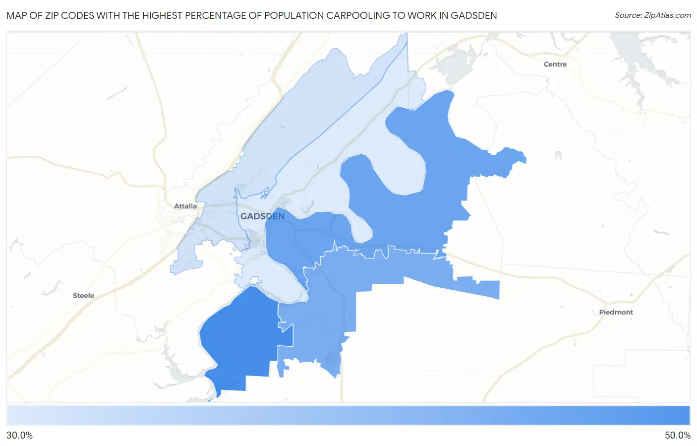 Zip Codes with the Highest Percentage of Population Carpooling to Work in Gadsden Map