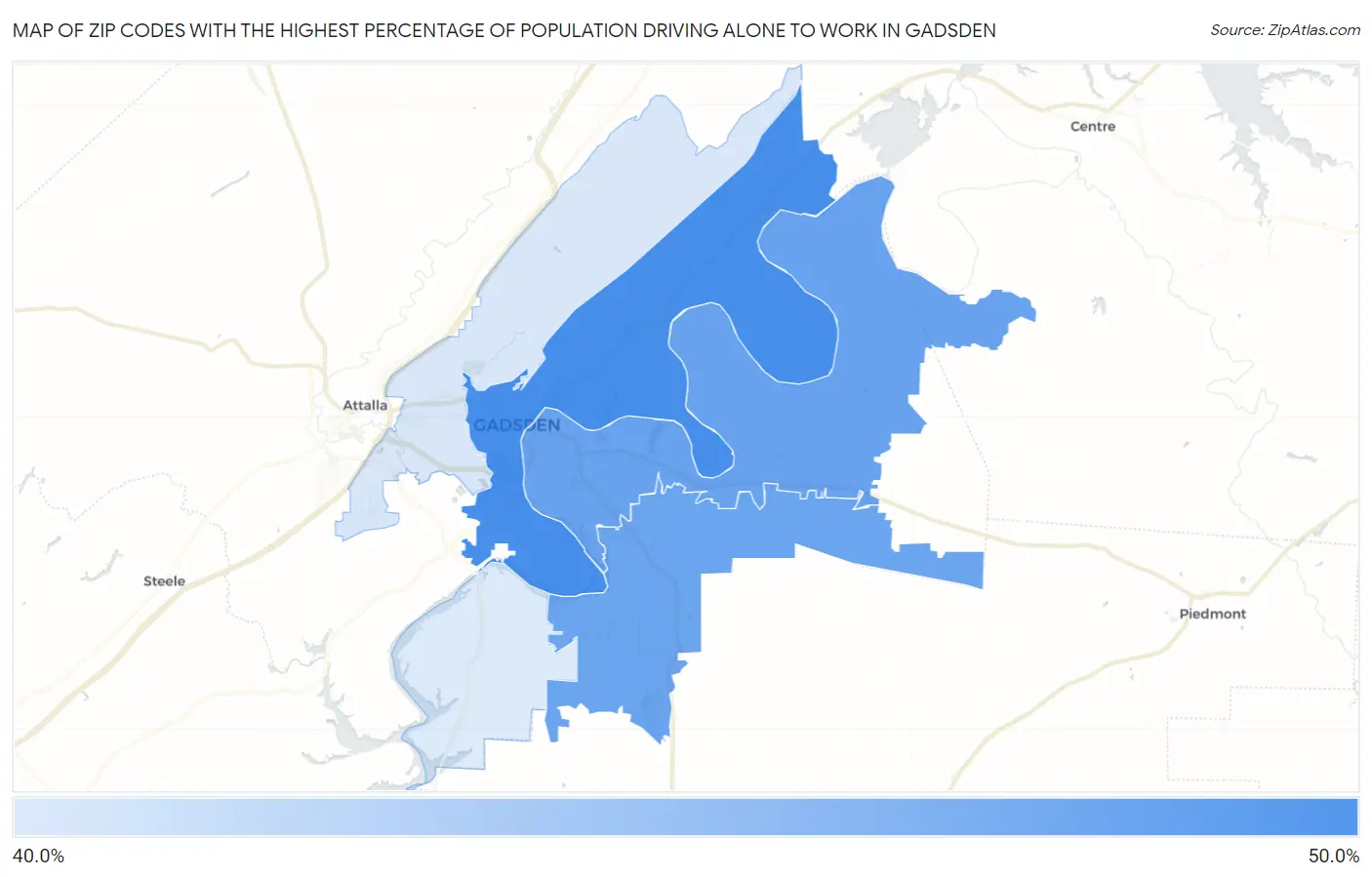 Zip Codes with the Highest Percentage of Population Driving Alone to Work in Gadsden Map