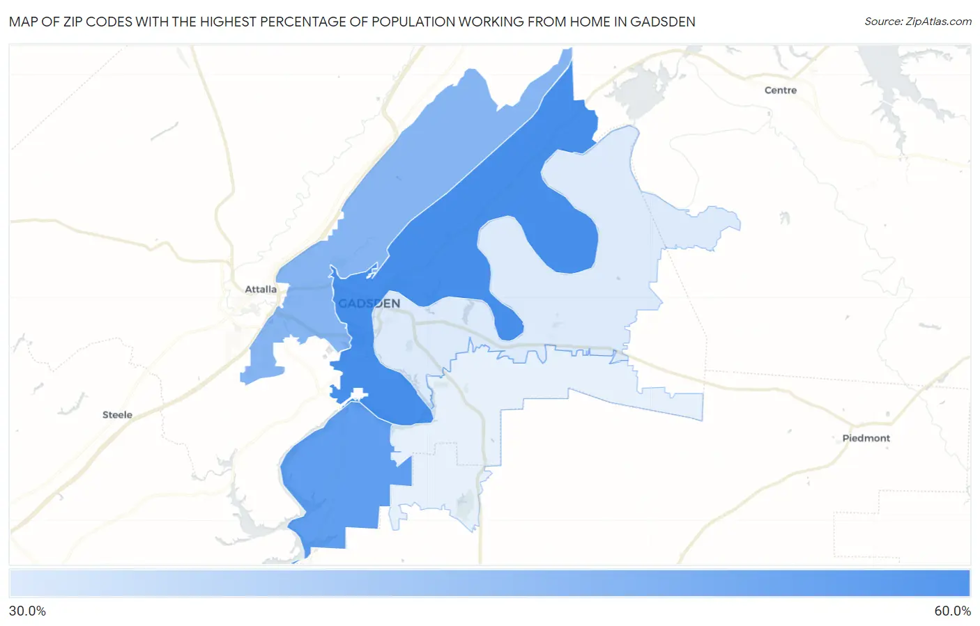 Zip Codes with the Highest Percentage of Population Working from Home in Gadsden Map