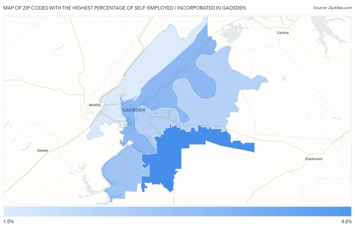 Zip Codes with the Highest Percentage of Self-Employed / Incorporated in Gadsden Map