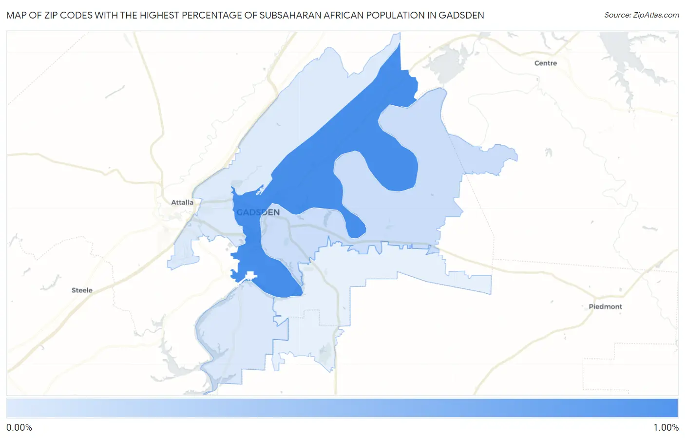Zip Codes with the Highest Percentage of Subsaharan African Population in Gadsden Map