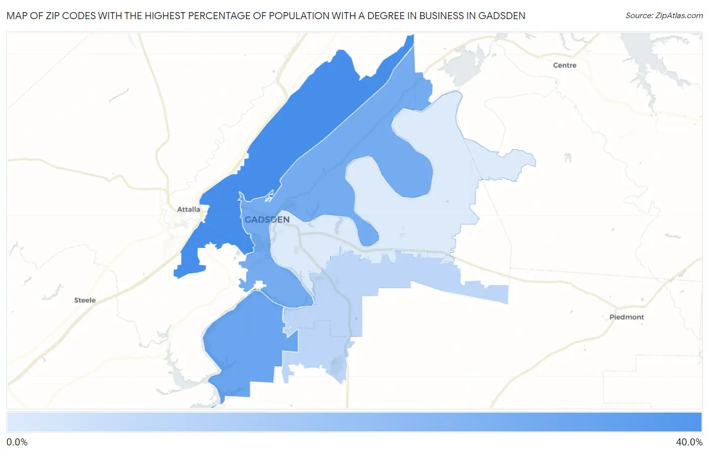 Zip Codes with the Highest Percentage of Population with a Degree in Business in Gadsden Map