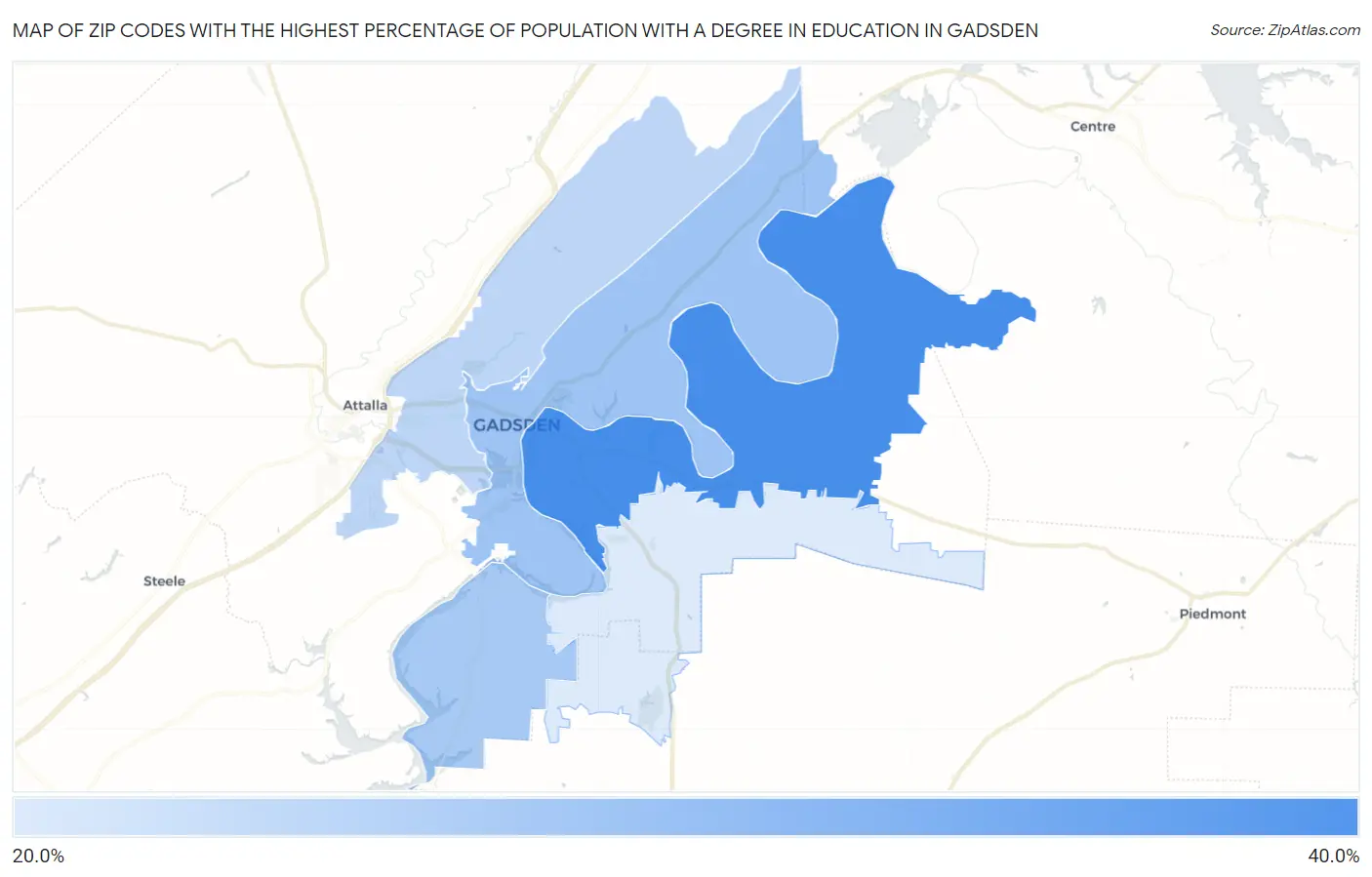 Zip Codes with the Highest Percentage of Population with a Degree in Education in Gadsden Map