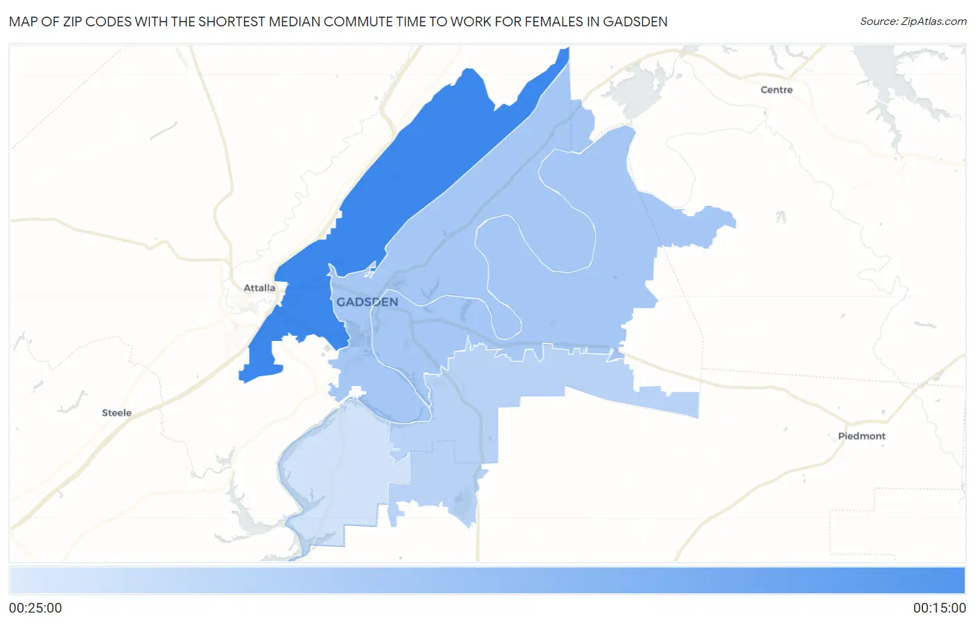 Zip Codes with the Shortest Median Commute Time to Work for Females in Gadsden Map