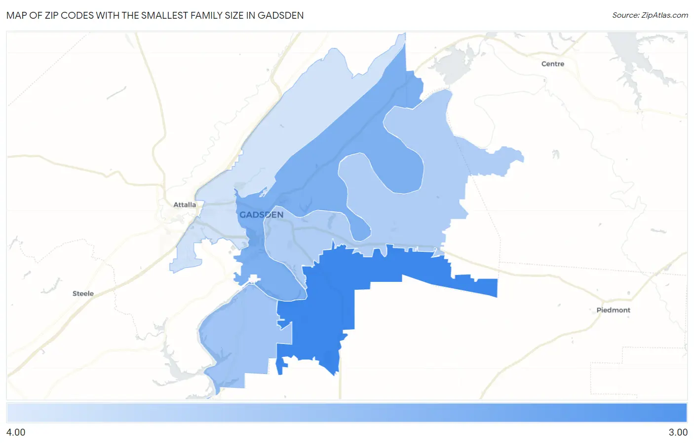 Zip Codes with the Smallest Family Size in Gadsden Map