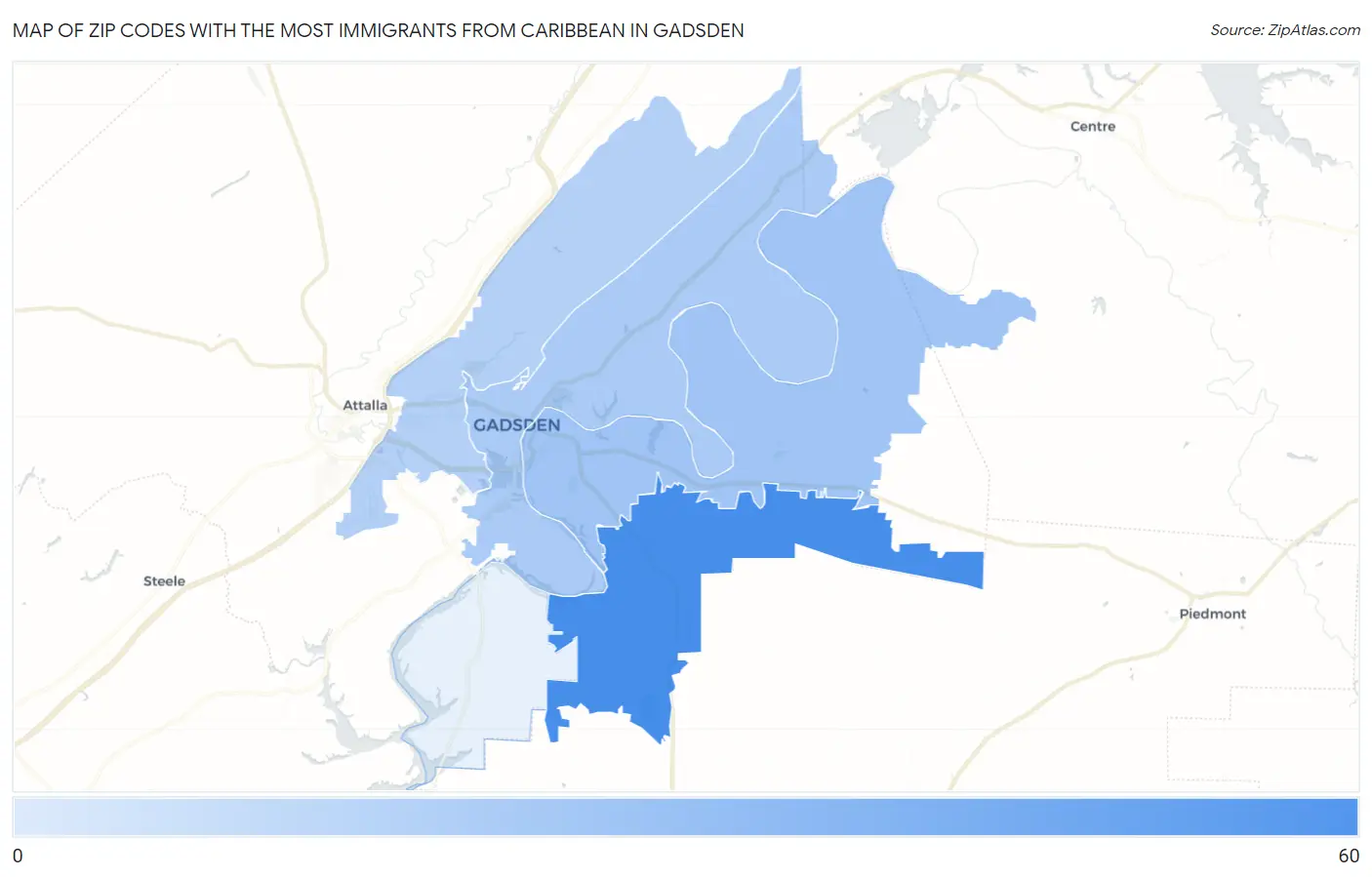 Zip Codes with the Most Immigrants from Caribbean in Gadsden Map