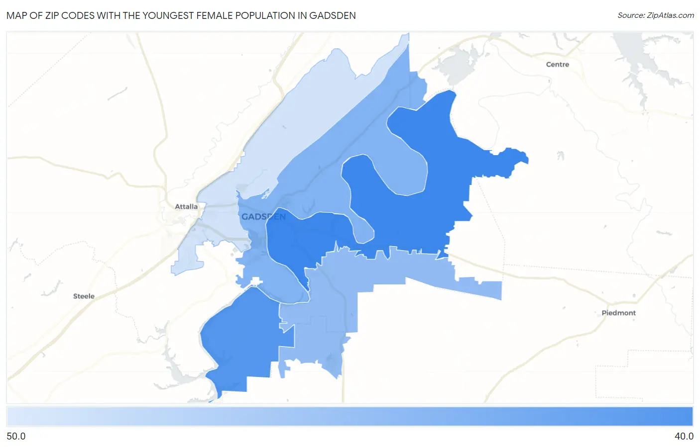 Zip Codes with the Youngest Female Population in Gadsden Map