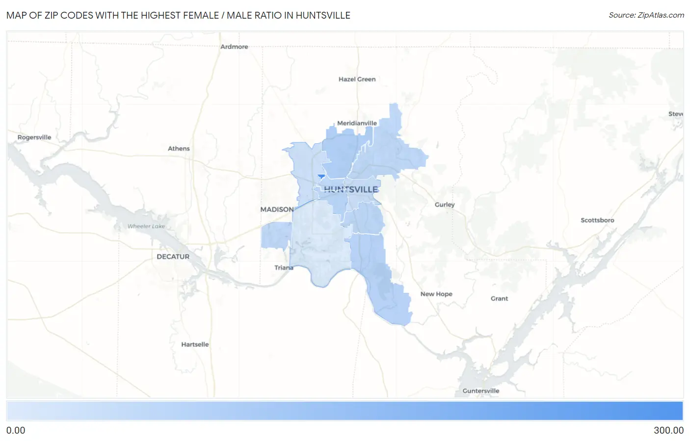 Zip Codes with the Highest Female / Male Ratio in Huntsville Map