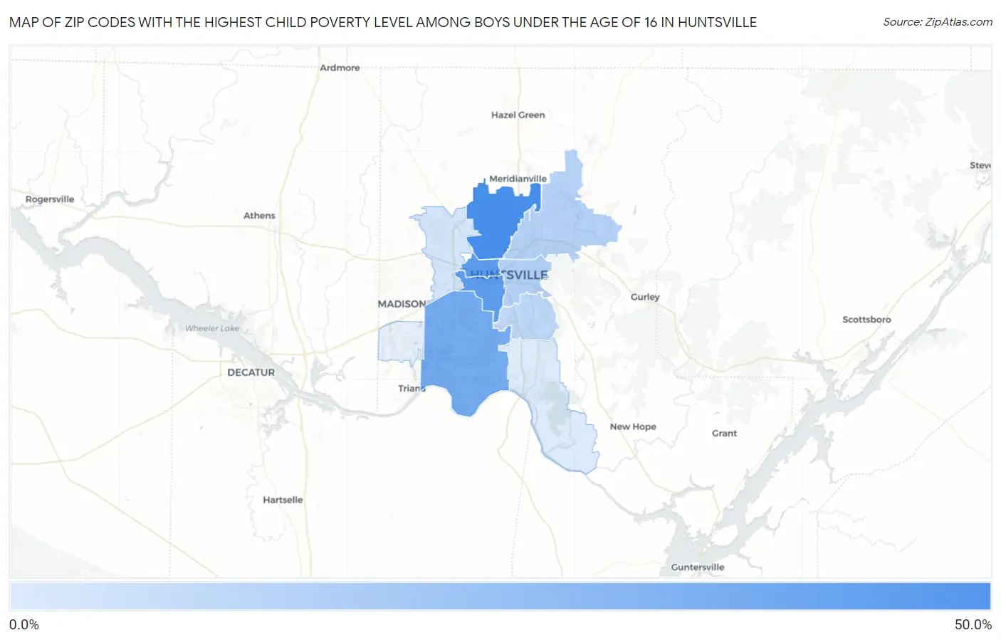 Zip Codes with the Highest Child Poverty Level Among Boys Under the Age of 16 in Huntsville Map