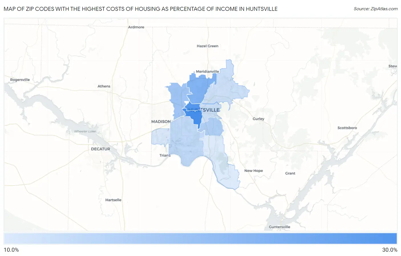 Zip Codes with the Highest Costs of Housing as Percentage of Income in Huntsville Map