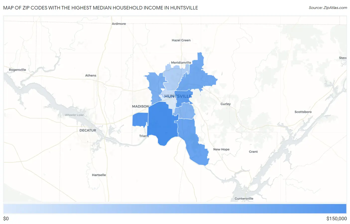 Zip Codes with the Highest Median Household Income in Huntsville Map