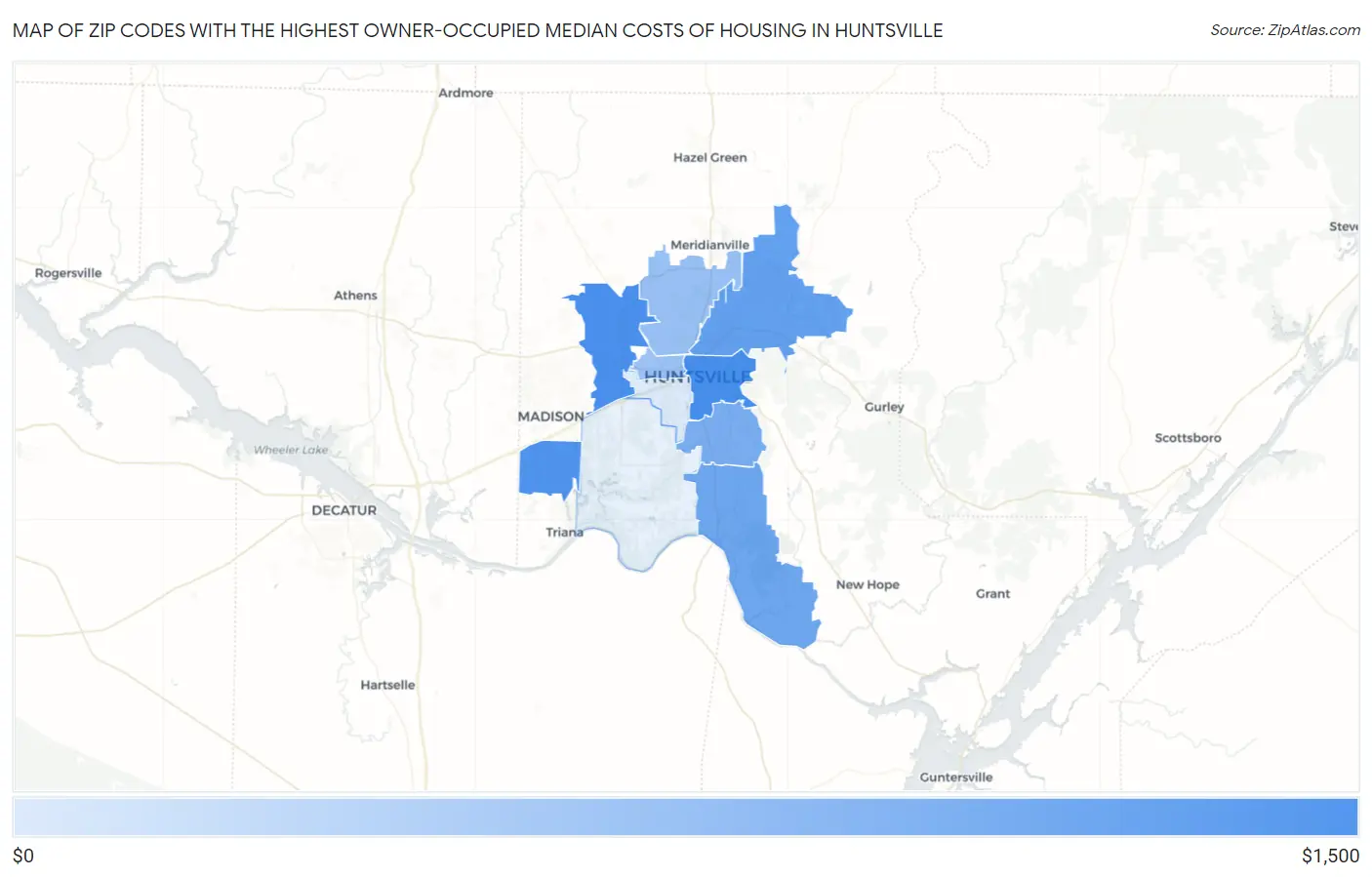 Zip Codes with the Highest Owner-Occupied Median Costs of Housing in Huntsville Map